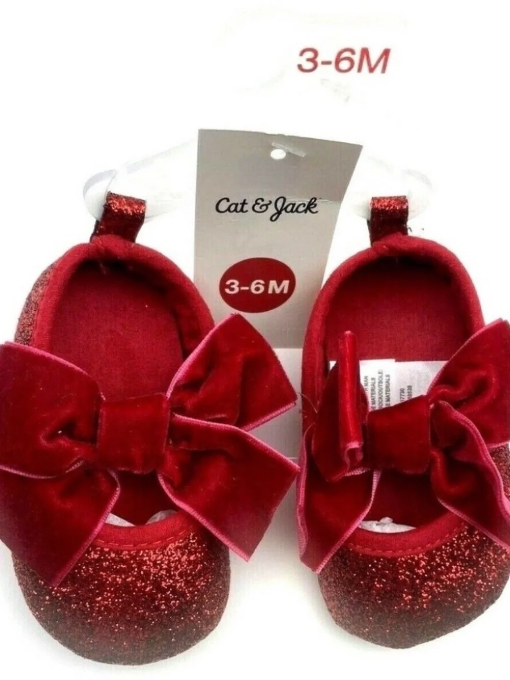 Cat & Jack Baby Girls Shoes Size 3/6m Red Glitter Velvet Bow